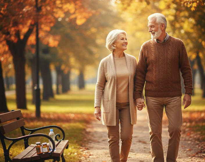 Couple senior (homme et femme) marchant main dans la main dans un parc d'automne, symbolisant la longévité et la santé articulaire.