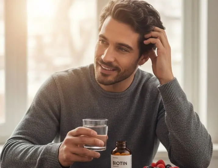 Jeune homme souriante avec un verre d'eau à la main consommant une gélule de biotine
