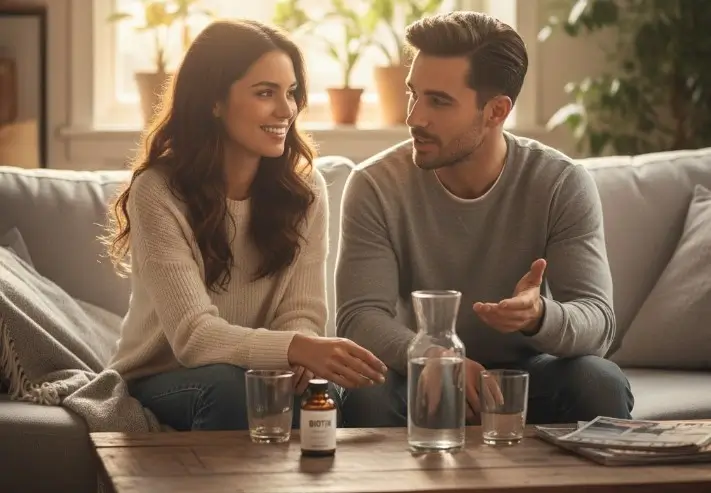 Jeune couple souriant assis dans le salon en discutant et en consommant une gélule de biotine