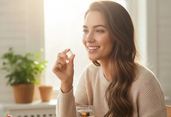 Jeune femme souriante consommant une gélule de biotine