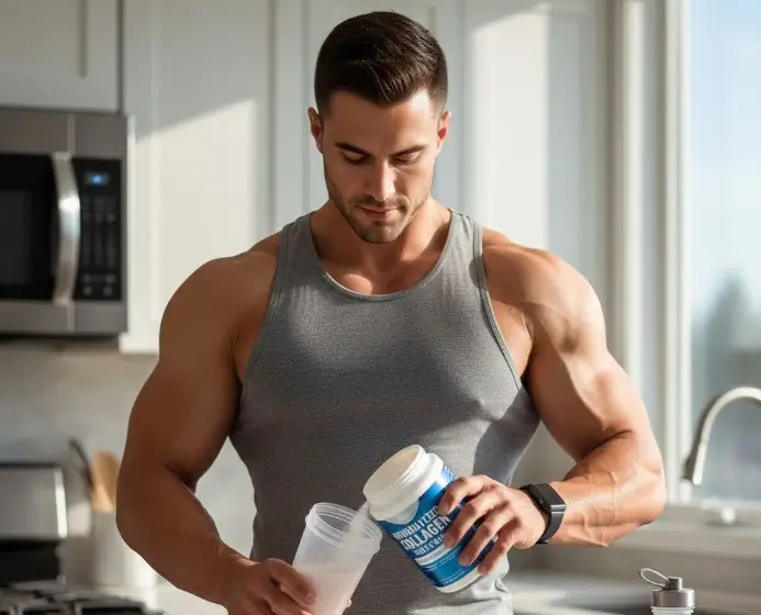 Homme musclé prenant du collagen dans sa cuisine