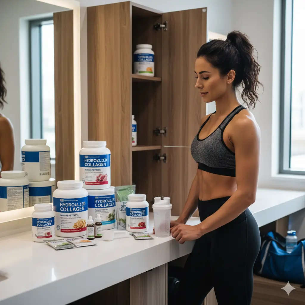 Femme dans une salle de bain en train de regarder ses plusieurs produits de collagene-hydrolyse à choisir
