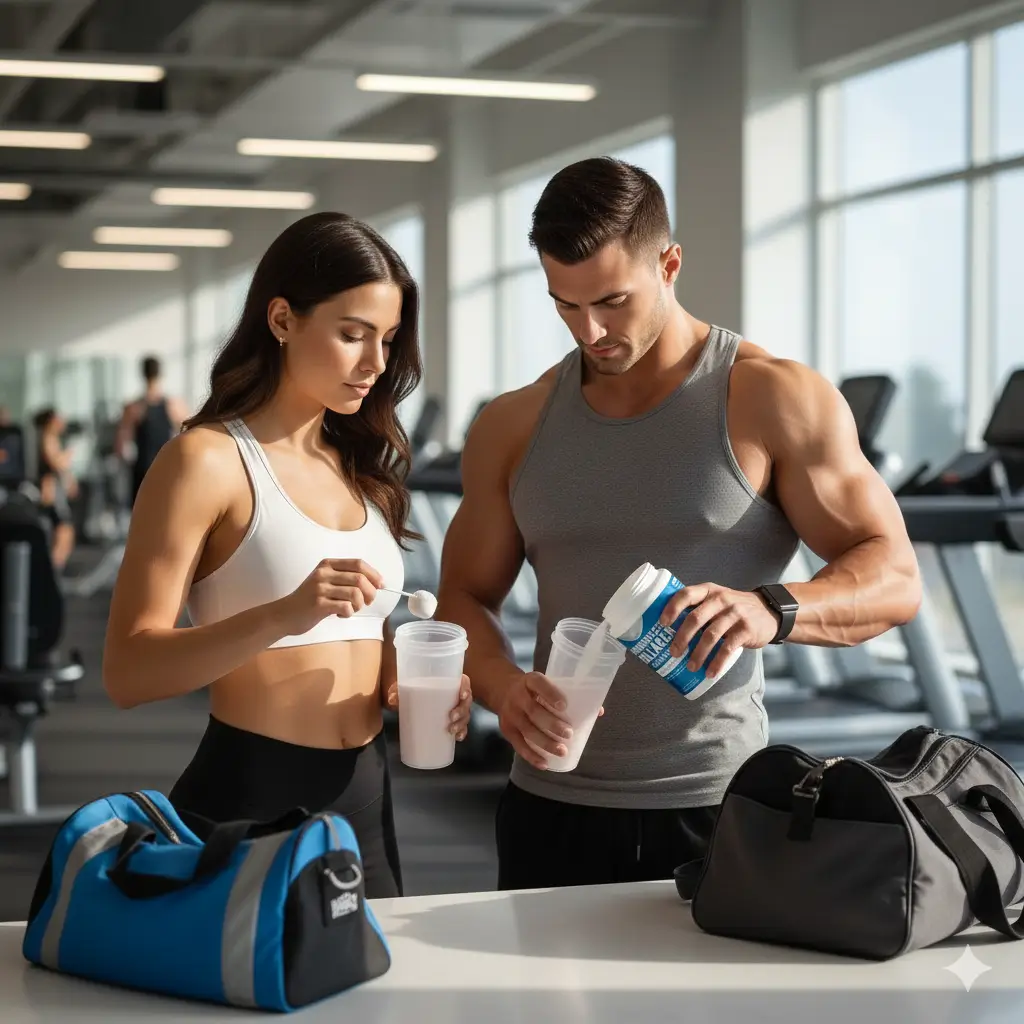 Couple préparant leur collagène hydrolysé à la salle de sport