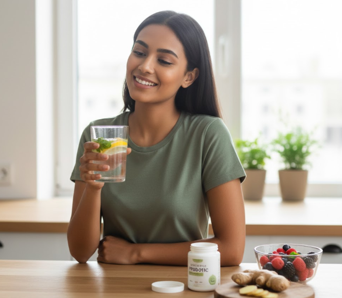 Femme buvant de l'eau citronnée pour la digestion, avec un pot de probiotiques et des fruits frais (baies, gingembre) sur la table.