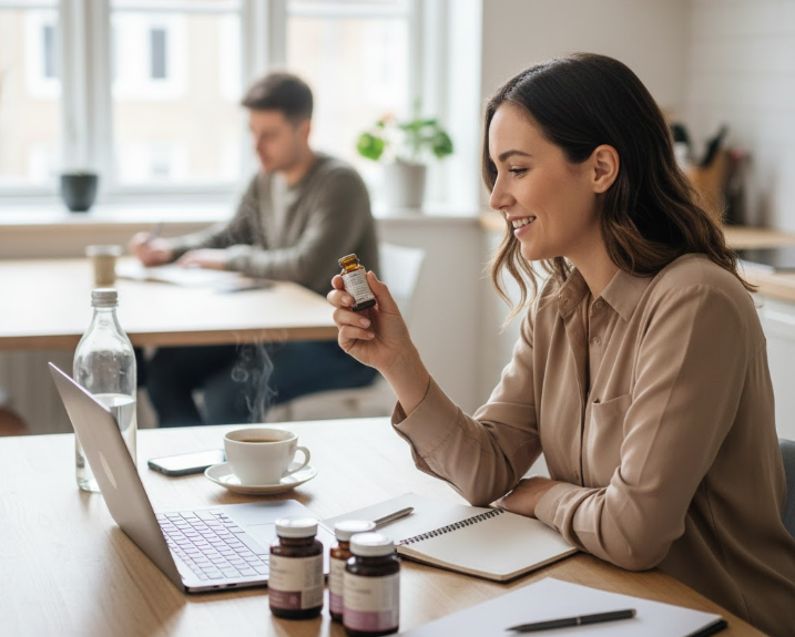 Femme souriante en intérieur regardant une petite fiole de compléments (vitamines ou nootropiques) sur son ordinateur portable.