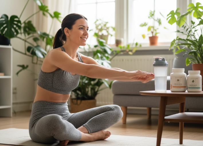 Femme en tenue de sport s'étirant après l'exercice, avec des pots de compléments alimentaires (protéines ou BCAA) et de l'eau à côté.
