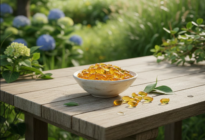 Bol de gélules d'huile de foie de morue posé sur une table dans un jardin fleuri