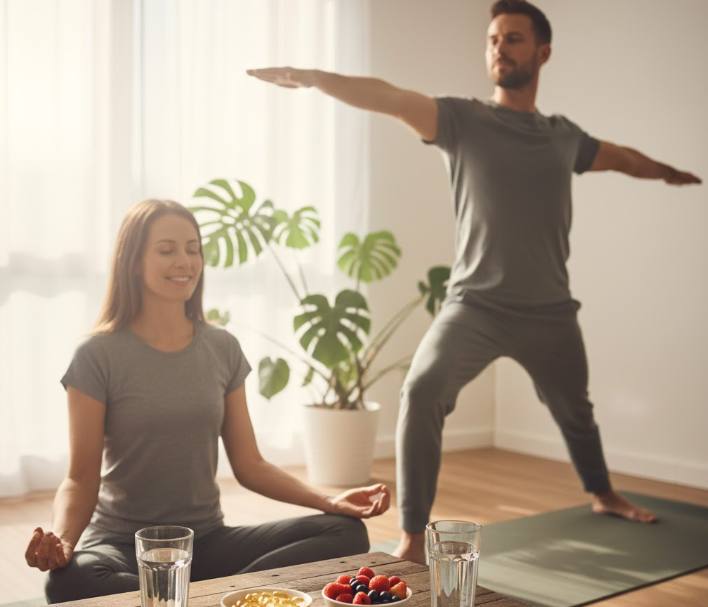 couple en train de faire du yoga dans leur salon