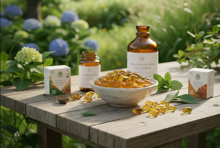 Bol de gélules d'huile de foie de morue et d'autres compléments alimentaires posés sur une table dans un jardin fleuri