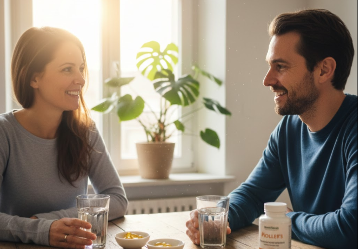 Jeune couple consommant des compléments alimentaires à table dans leur cuisine