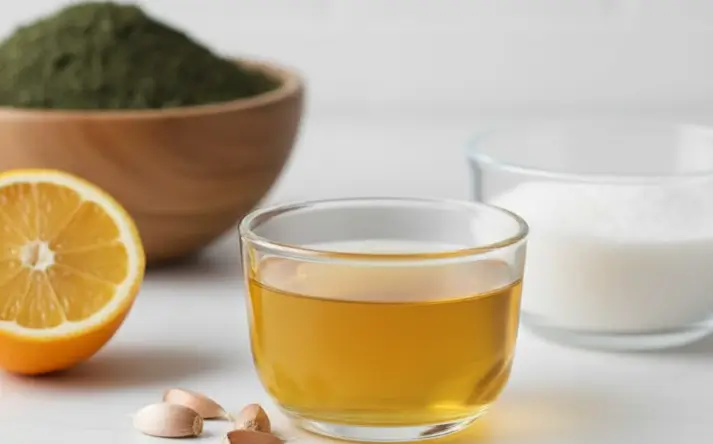 Verre d'huile de poisson posé sur une table avec condiments autour
