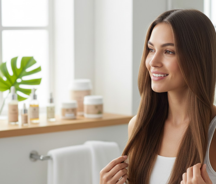 Gros plan sur une jeune femme souriante, les cheveux longs et brillants, avec des produits de soins de beauté et compléments en arrière-plan.