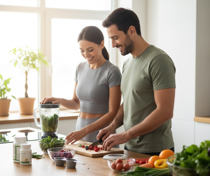 Couple souriant préparant un smoothie détoxifiant dans une cuisine, avec des fruits, légumes verts et pots de compléments alimentaires minceur.