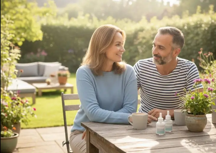 une femme et son marin de 45 ans qui sont dans leur jardon tous les deux avec posé sur la table du collagène marin