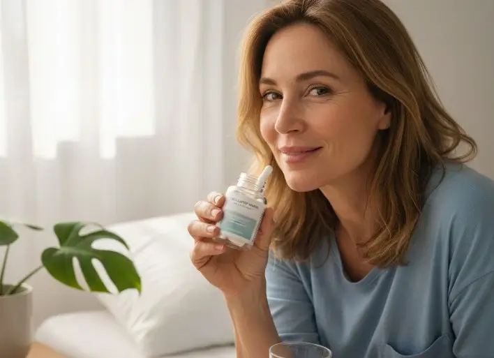 femme de 45 ans sur son lit prenant du collagène marin pour sa peau