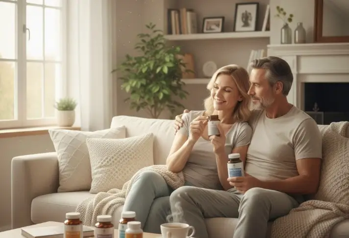  couple de 50 ans dans leur salon avec des compléments alimentaires d'ashwagandha pour leur bien être