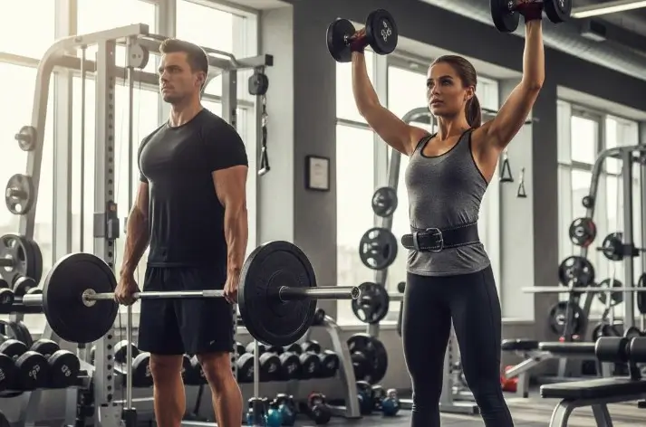 homme et une femme en train de faire du fitness  qui soulèvent de la fonte en s'entrainant comme des pros