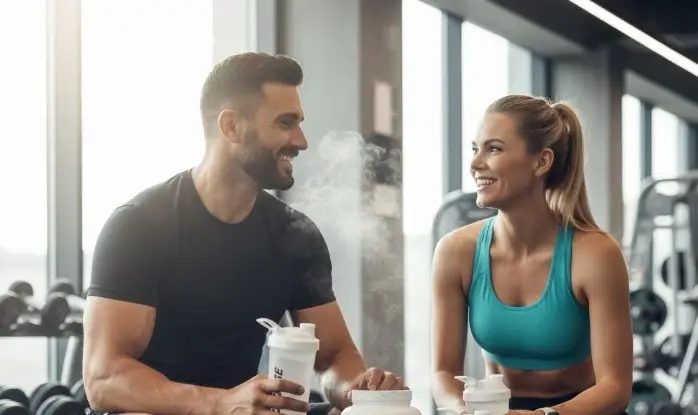homme et une femme en train de faire du fitness avec leur créatine posée sur un banc dans une salle de sport