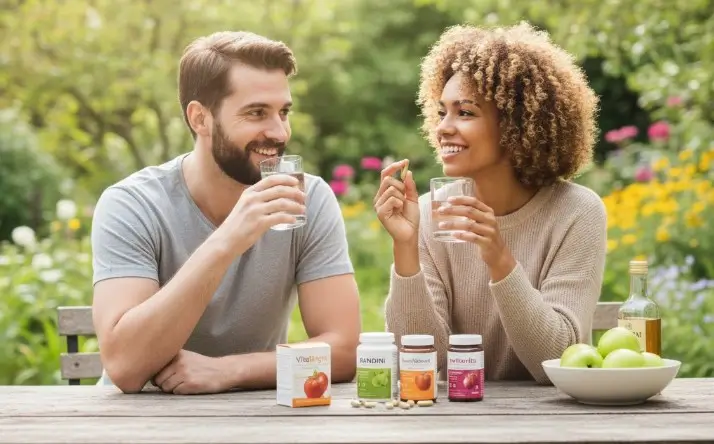 belle femme métisse et un homme blanc en train de consommer des gélules vinaigre de cidre dans le jardin