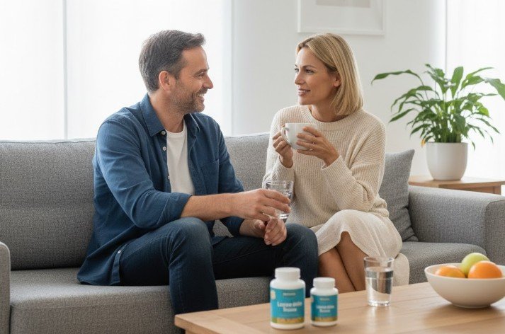 homme de la 40e avec sa femme dans leur salon avec de la levure de bière sur la table