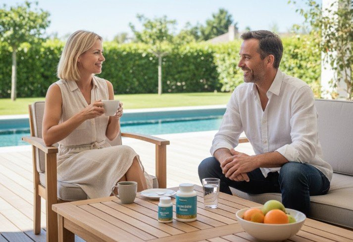 homme de la 40e avec sa femme sur laterrace d'une belle maison avec de la levure de bière sur la table