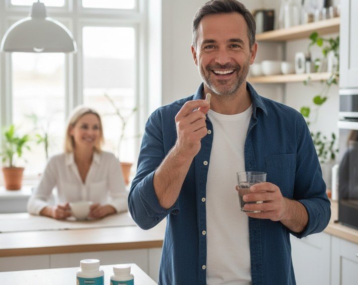 homme de la 40e qui prend de la levure de bière avec le sourire chez lui avec sa femme derrière assise qui le regarde