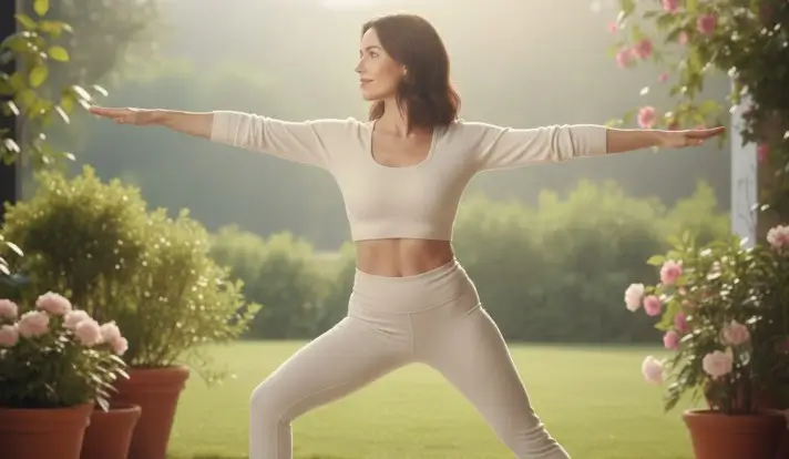 jolie femme de 40 ans brunedehors dans le jardin en train de faire du sport