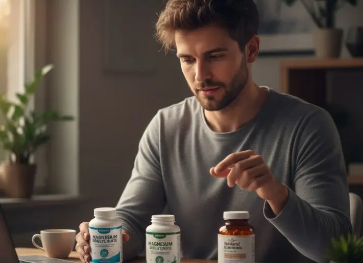  jeune homme qui a besoin d'énergie et qui doit choisir entre un des 3 compléments alimentaires au magnésium bisglycinate posés sur la table