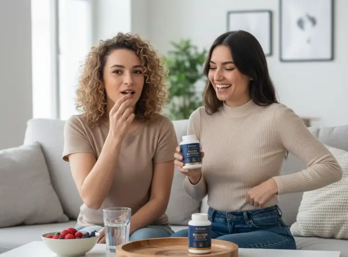 2 jeunes femmes qui prennent des probiotiques dans leur salon
