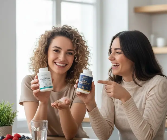 2 jeunes femmes souriantes qui montrent des probiotiques dans leur cuisine