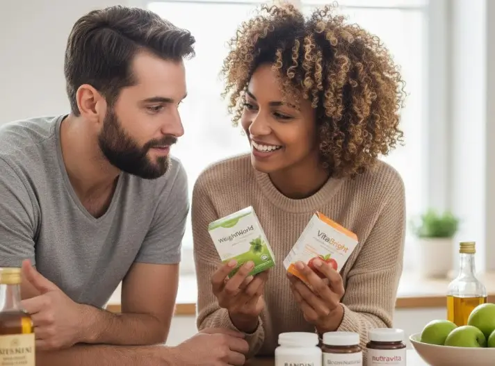 couple avec une belle femme métisse et un homme blanc en train de choisir leur produit gélules vinaigre de cidre