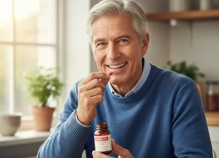 homme de 60 ans bien habillé qui prend des vitamines b12
