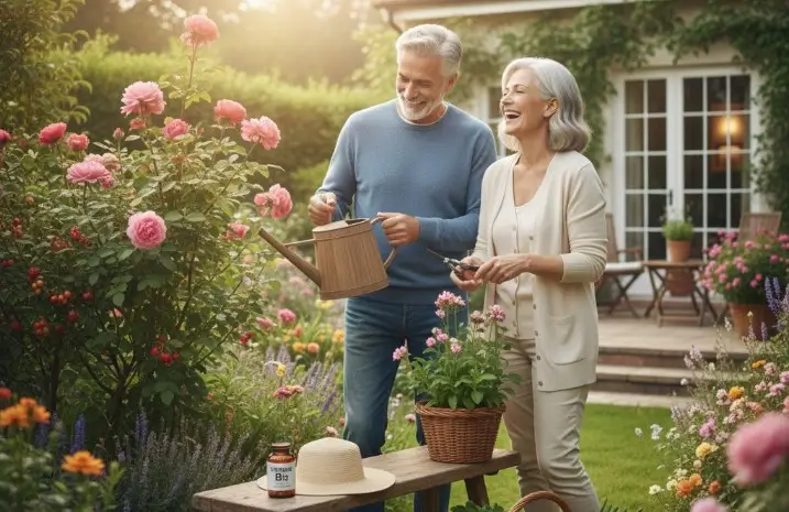 couple de 60 ans qui est en bonne santé dans leur jardin grâce à la vitamine b12