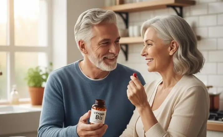 couple de 60 ans qui prend des vitamines b12 dans leur cuisine